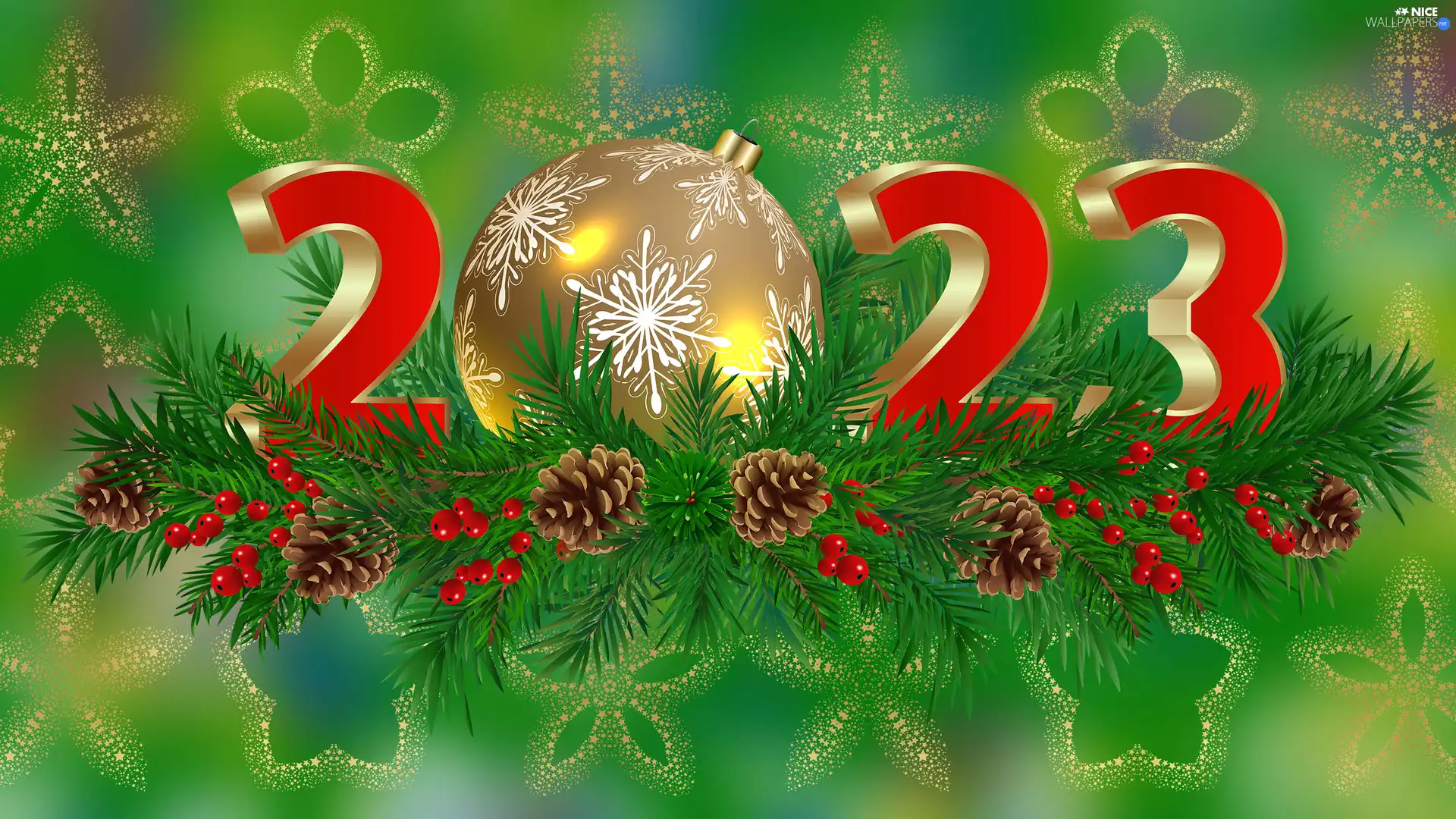 New Year, bauble, cones, date