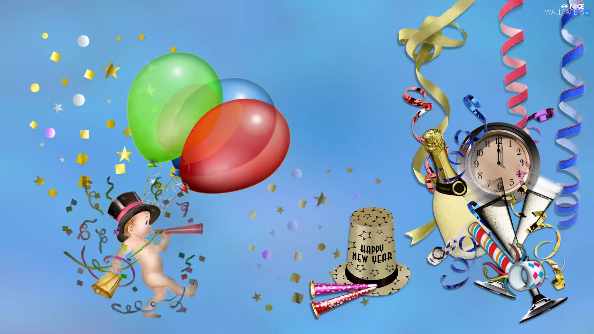 New Year, Champagne, ornamentation, Balloons