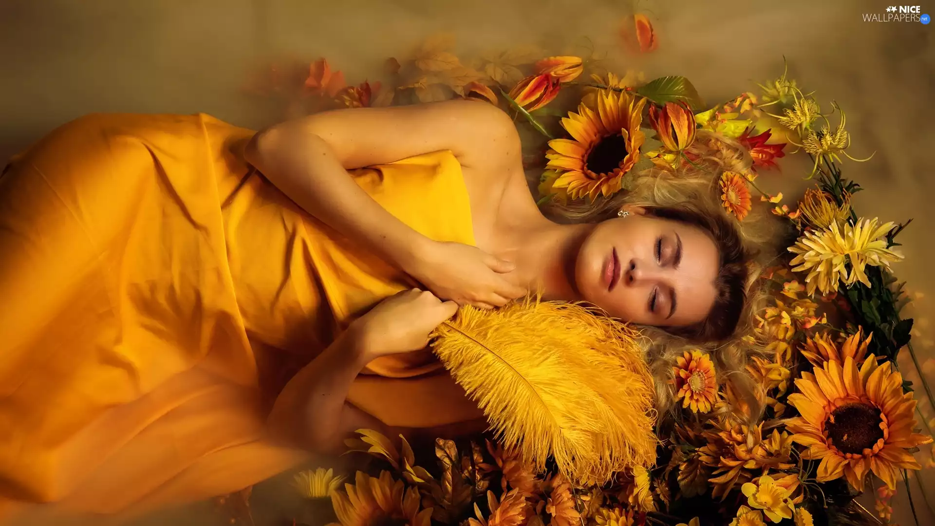 Yellow, coat, feather, Flowers, Fan, Women, the sleeping, Nice sunflowers