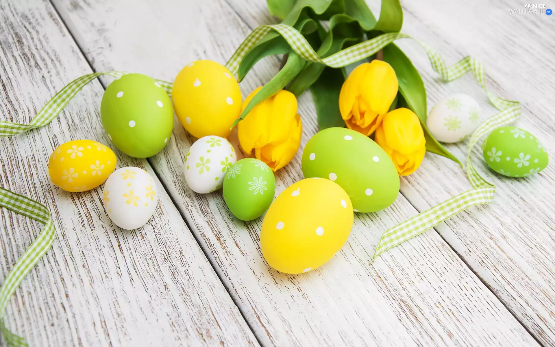 Tulips, Flowers, ribbon, Yellow, Easter, eggs, boarding