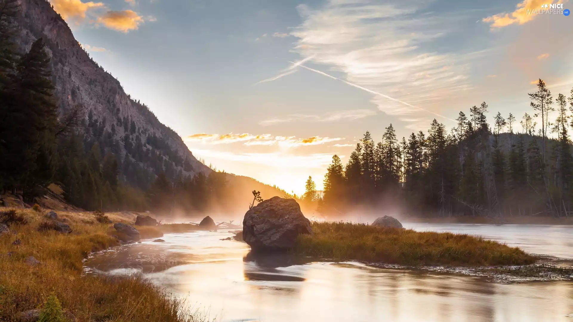 Stones, Hot spring, State of Wyoming, Mountains, River, Yellowstone National Park, The United States