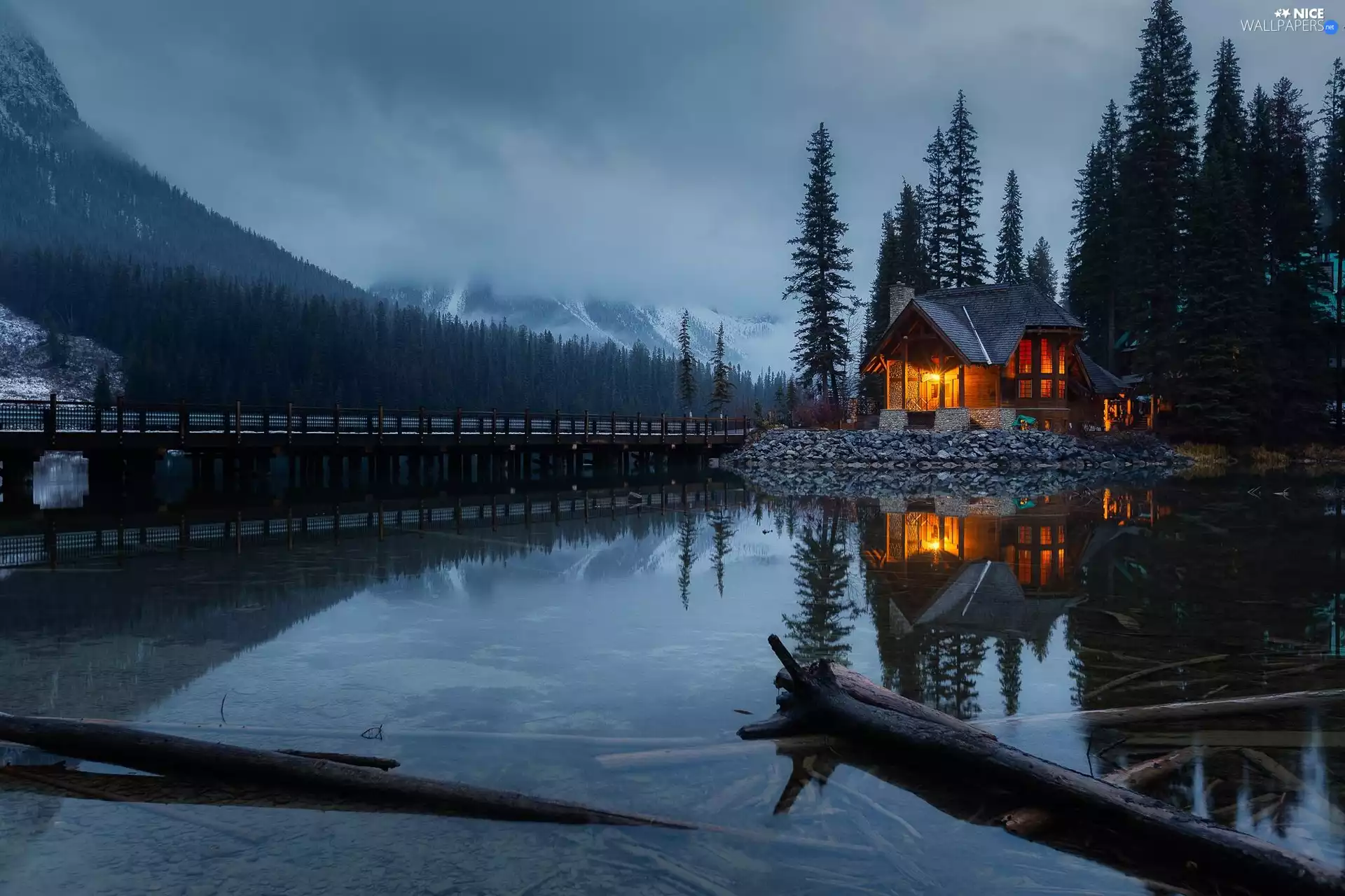 trees, clouds, viewes, reflection, house, twilight, Mountains, Yoho National Park, Canada, bridge, Emerald Lake, lake