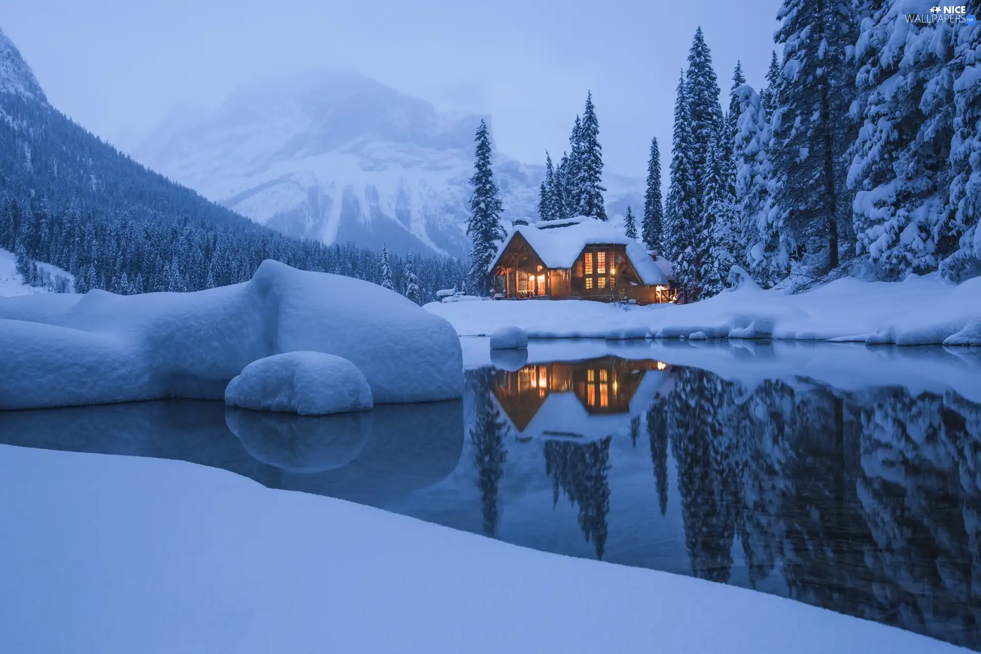 clouds, Fog, house, trees, snow, winter, Mountains, Yoho National Park, Canada, viewes, Emerald Lake, lake