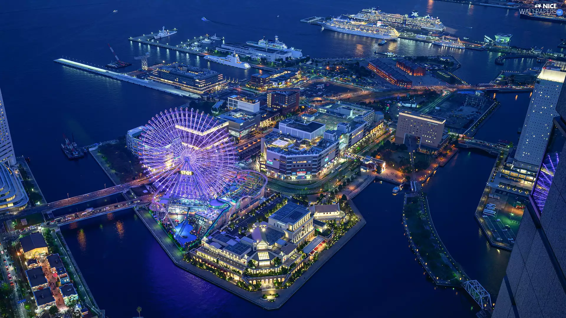 Aerial View, port, Yokohama, Japan, Night, vessels