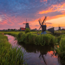 Great Sunsets, grass, Zaandam, Windmills, River, Zaanse Schans Open Air Museum, Netherlands