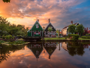 Zaanse Schans Open Air Museum, trees, Great Sunsets, viewes, Houses, River Zaan, Netherlands