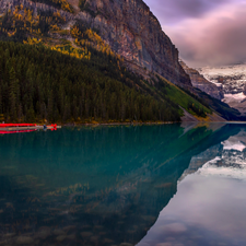 reflection, lake, trees, Alberta, viewes, Mountains, Lake Louise, Canada, Banff National Park, house