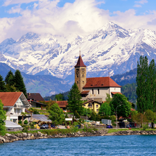 lake, village, Alps, Switzerland, Mountains, Houses