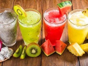pitaya, Glass, watermelon, ananas, kiwi, Juices