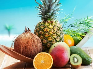 kiwi, avocado, Mango, ananas, Fruits, Coconut, orange