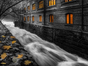 Houses, Leaf, Black and white, River