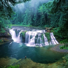 waterfall, forest, Anglers, River