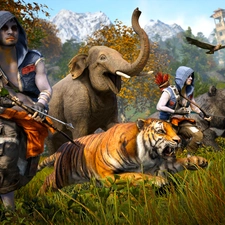 animals, Elephant, Characters, tiger, armed, Far Cry 4, game, Bear