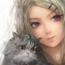 girl, cat, Anime, Gray