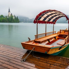 Church of the Annunciation of the Virgin Mary, lake, Platform, woods, Boat, Slovenia, Bled, Fog, Julian Alps Mountains, Blejski Otok Island