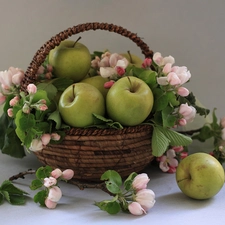 basket, Flowers, apple, apples