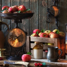 weight, composition, Lamp, apples, box, pitcher