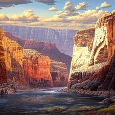 clouds, River, Art, canyons
