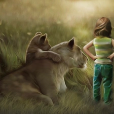 girl, little doggies, Art, Lioness