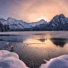 trees, Almsee Lake, Sunrise, Mountains, winter, viewes, Austria