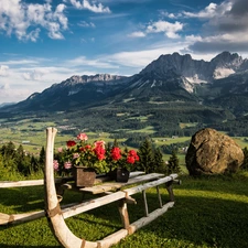 Mountains, geraniums, Tirol, Austria, Alps, sledge