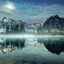 Mountains, Sunrise, Alps, Almtal Valley, Fog, Austria, trees, viewes, Almsee Lake