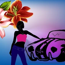 Automobile, graphics, lilies, girl, Flowers