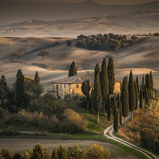 Way, Tuscany, cypresses, The Hills, Italy, house, autumn
