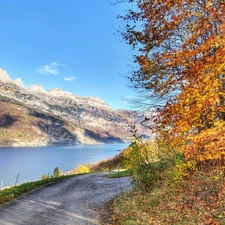 Autumn, Leaf, River, Way, Mountains