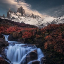 reflection, Argentina, Fitz Roy Mountain, Andes Mountains, waterfall, autumn, VEGETATION, puddle, Patagonia, Coloured, River