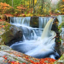 waterfall, forest, autumn, rocks