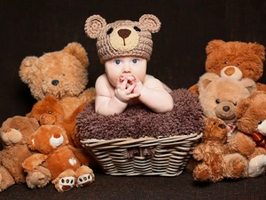 basket, Bonnet, bear, Blanket, Kid, toys, Black Background
