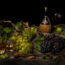 carafe, Grapes, black background, composition, Wine, Bottle
