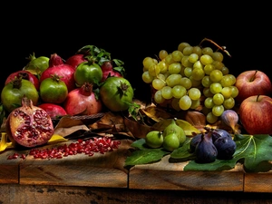 Grapes, grenades, boarding, figs, Fruits, apples, black background