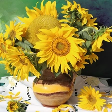 bouquet, Vase, Green Background, Nice sunflowers
