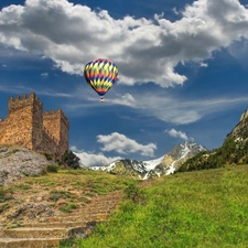 Balloon, rocks, Castle