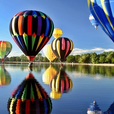 River, trees, Balloons, reflection, color, viewes