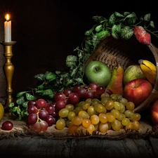 Fruits, basket, Grapes, apples, candle, composition, Banana, truck concrete mixer, Lemon