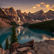 Mountains, Lake Moraine, clouds, woods, viewes, Banff National Park, Canada, trees