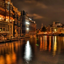 Venice, River, Barges, night