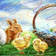 basket, eggs, rabbits, chickens, Easter