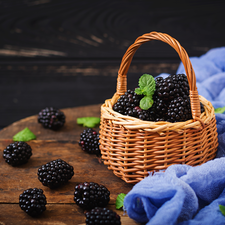 basket, blackberries, leaves