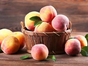 basket, peaches, leaves