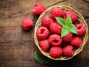 basket, raspberries, leaves