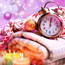 alarm clock, candles, baubles, Clock