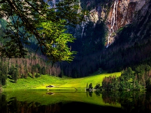 forest, Mountains, Bavaria, Germany, lake, waterfall