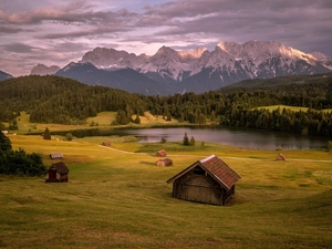 Alps Mountains, Germany, woods, Houses, Lake Wagenbrüchsee, Bavaria