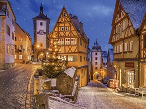 decor, winter, Christmas, christmas tree, lighting, Germany, Bavaria, Houses, alley, Rothenburg ob der Tauber, snow