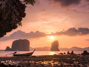 Thailand, Boat, VEGETATION, Sky, rocks, Andaman Sea, Phang Nga Bay, Great Sunsets