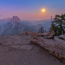 Fog, rocks, viewes, California, dry, Mountains, trees, The United States, Yosemite National Park, Lod on the beach